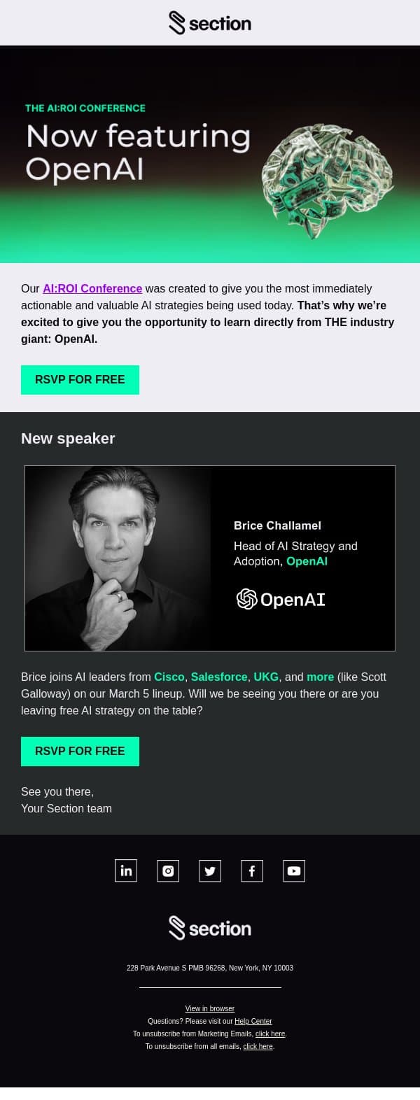 Now featuring OpenAI: The AI:ROI Conference email from Section4 screenshot