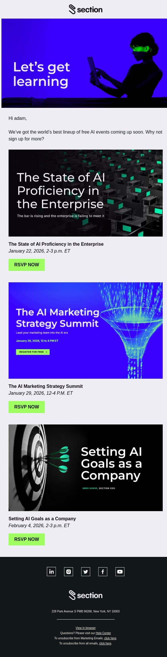 Upcoming AI events email from Section4 screenshot