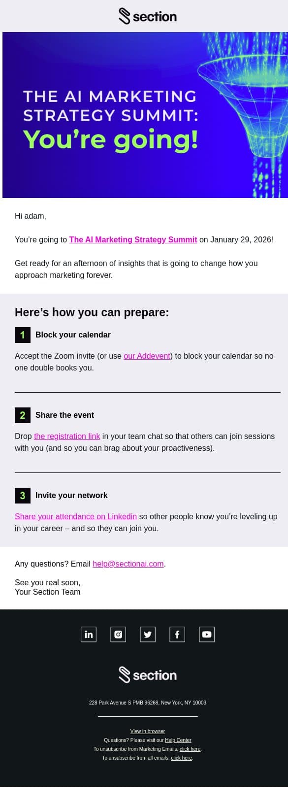 You’re registered: The AI Marketing Strategy Summit email from Section4 screenshot