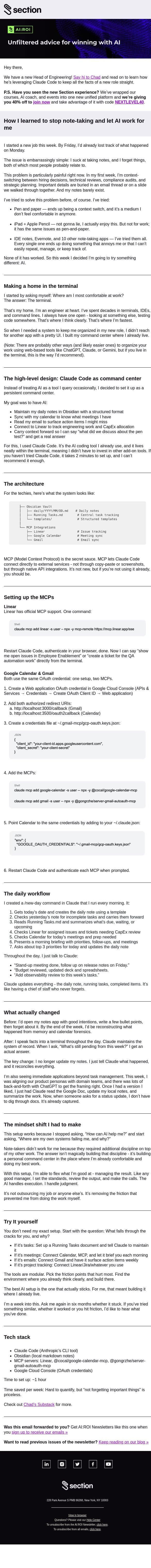 📝 How I learned to stop note-taking and let AI work for me email from Section4 screenshot