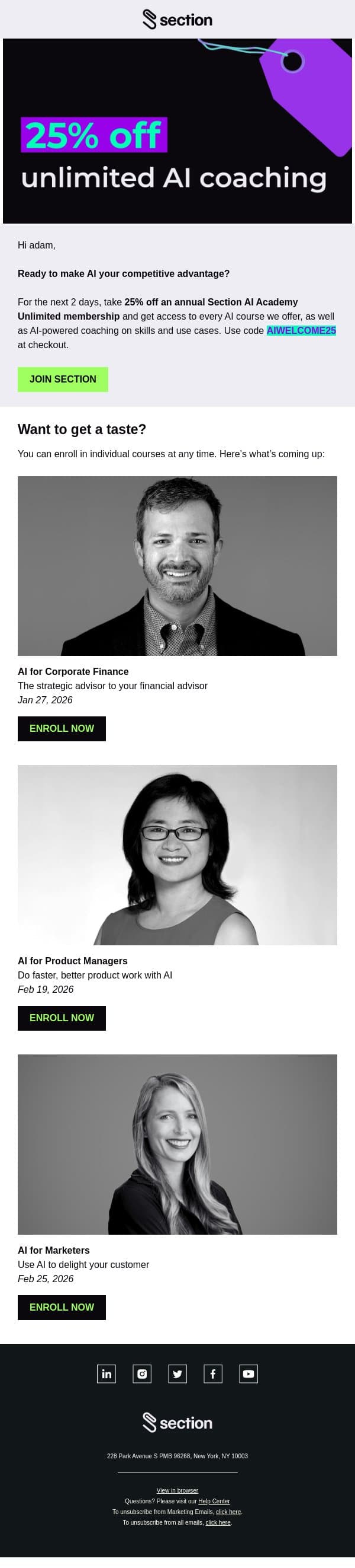 25% off unlimited AI coaching email from Section4 screenshot