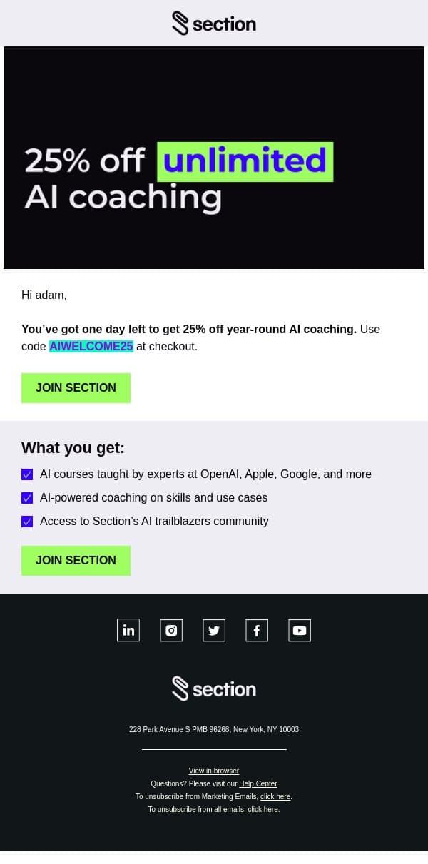 Don’t forget: 1 day left for 25% off email from Section4 screenshot