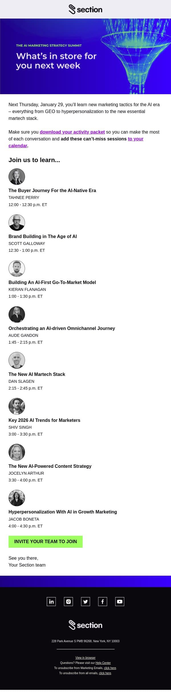 One week out: See the full AI Marketing Strategy Summit schedule email from Section4 screenshot