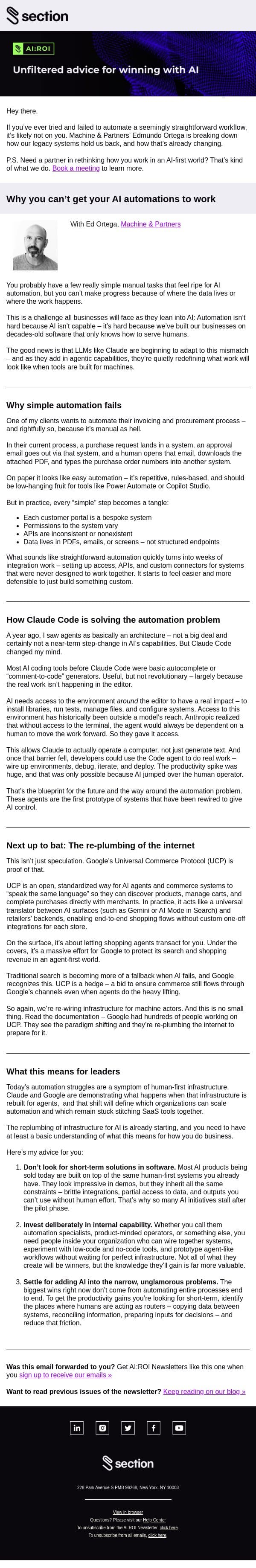 📝 Why you can’t get your AI automations to work email from Section4 screenshot