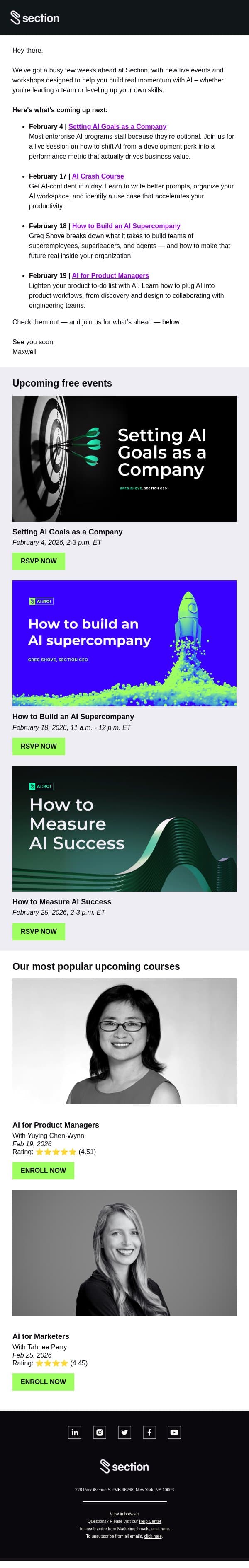 Live events to turn your AI plans into action email from Section4 screenshot