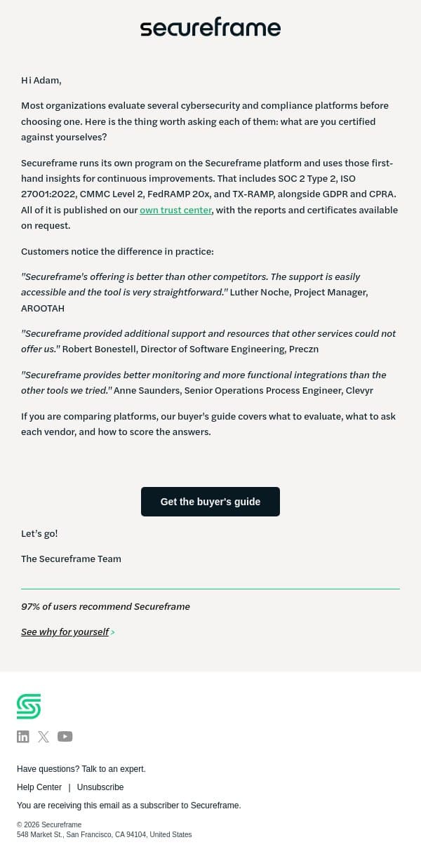 We run our cybersecurity program on our own platform email from Secureframe screenshot
