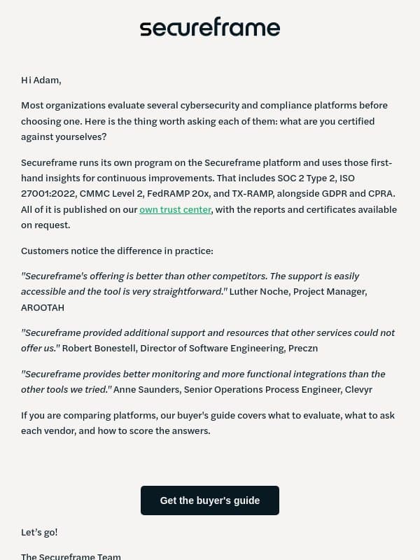 We run our cybersecurity program on our own platform email from Secureframe