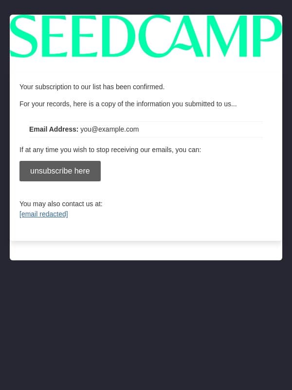Subscription to the Seedcamp newsletter has been confirmed email from Seedcamp screenshot