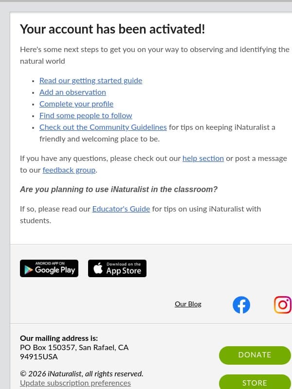 Welcome to iNaturalist! email from Seek by iNaturalist
