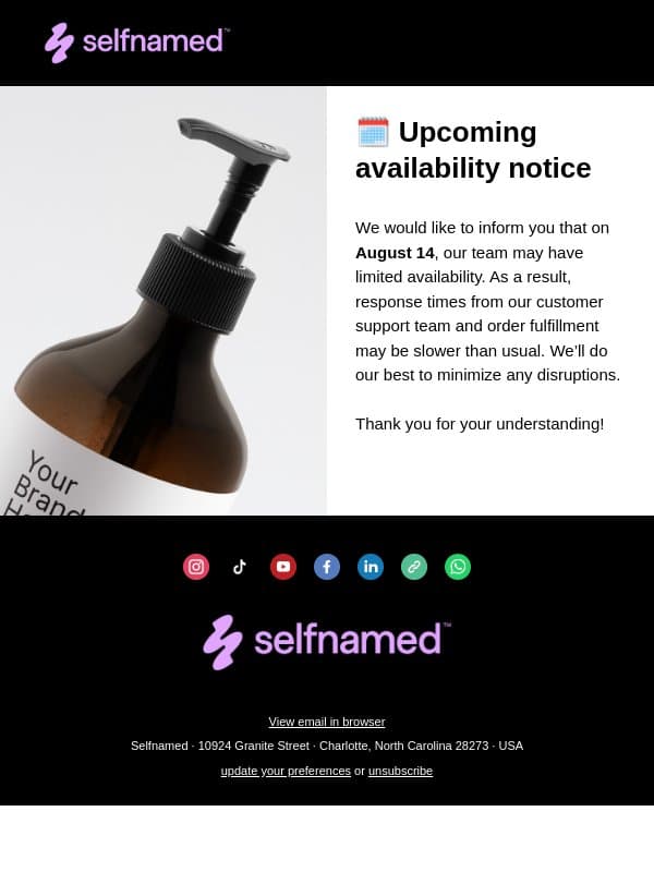 π Limited availability notice email from Selfnamed
