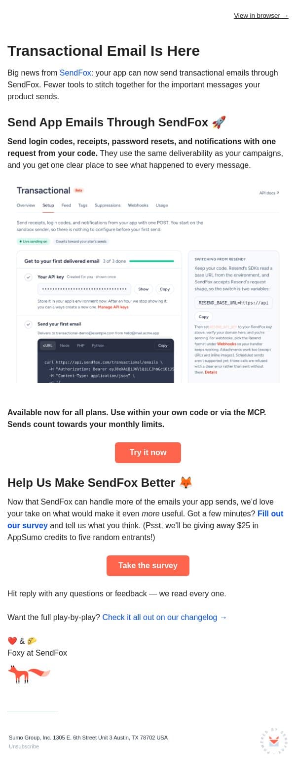 🎉 Transactional email is here email from SendFox screenshot