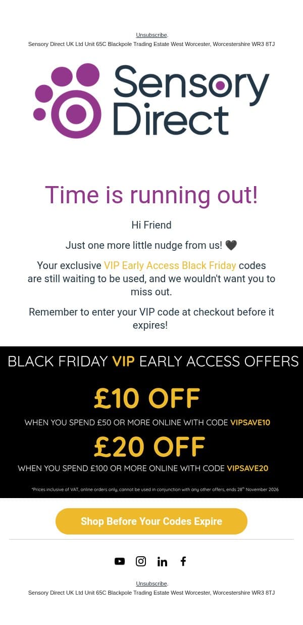 ⏰ Your VIP Black Friday offer is nearly over! email from Sensory Direct screenshot
