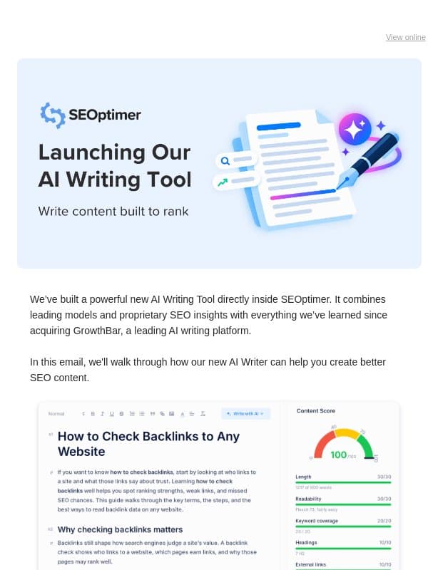 Meet the New AI Writer in SEOptimer email from SEOptimer
