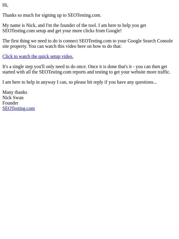 Welcome to SEOTesting.com! email from SEOTesting