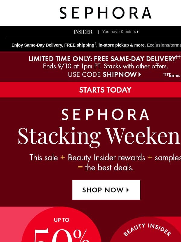 Get up to 50% on select beauty and get 500 bonus points with $75 spend ❣️ email from Sephora
