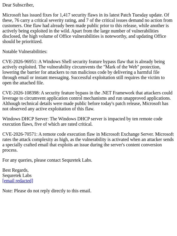 Patch Advisory - October 2026 email from Sequretek screenshot