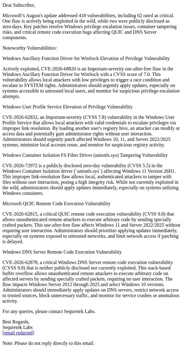 Patch Advisory - August 2026 email from Sequretek screenshot