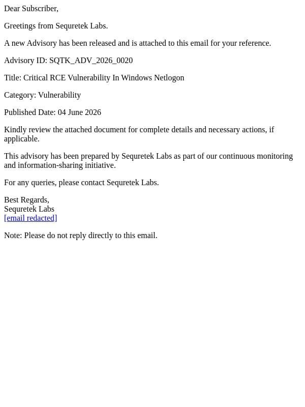 SQTK_ADV_2026_0020 - Critical RCE Vulnerability In Windows Netlogon email from Sequretek screenshot