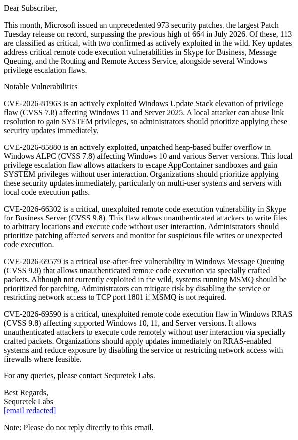 Patch Advisory - September 2026 email from Sequretek screenshot