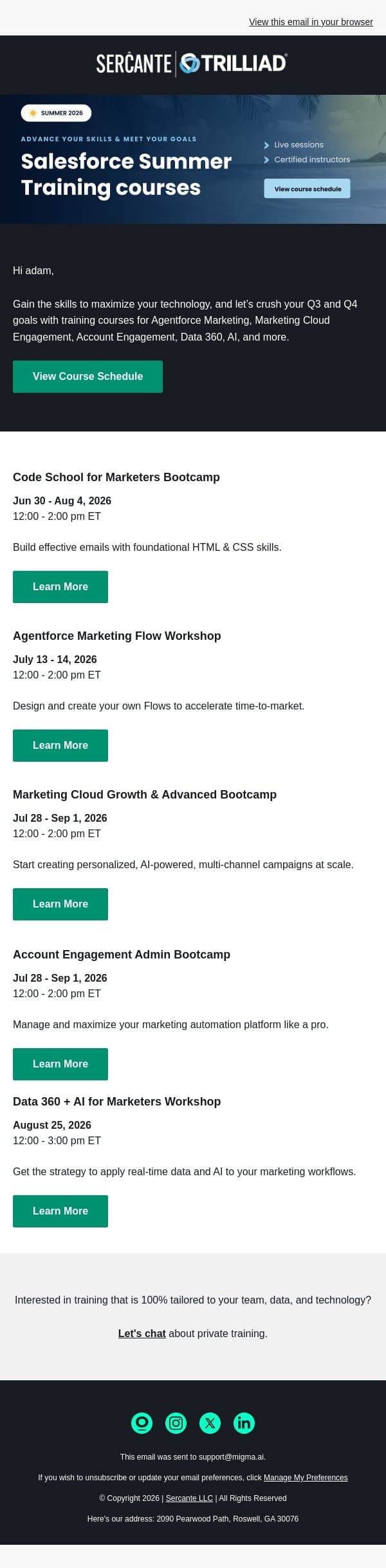 🔥 Hot Salesforce Summer Training Courses email from Sercante LLC screenshot