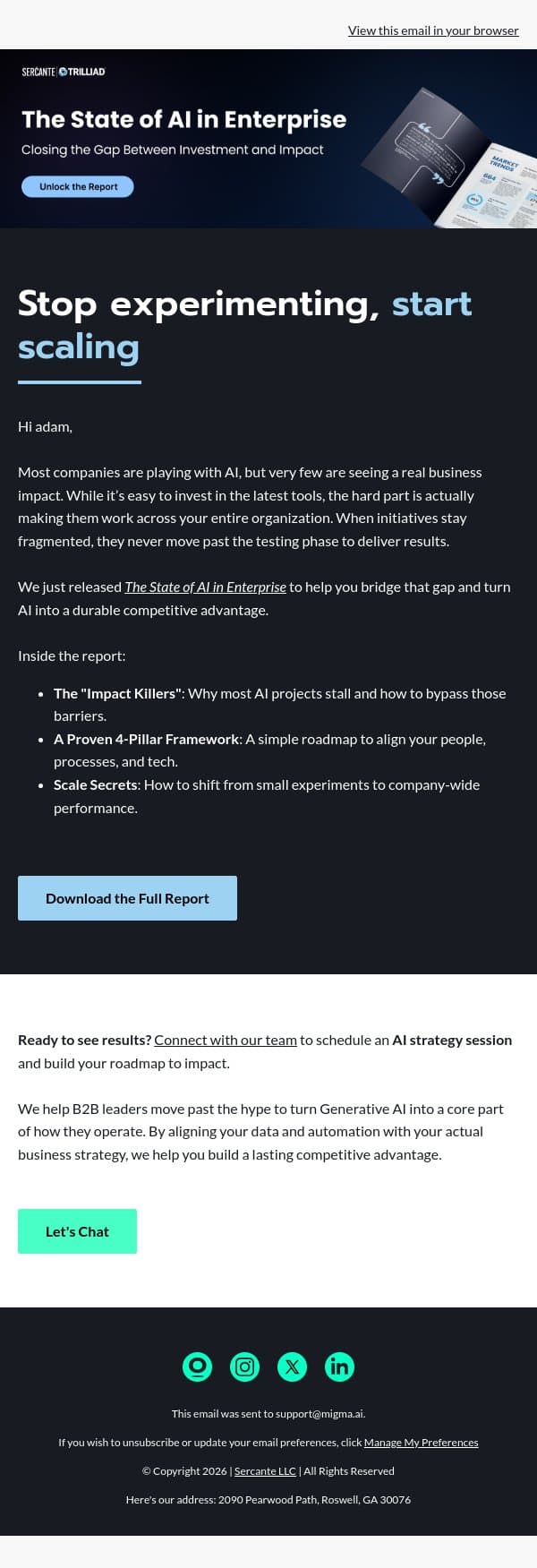 Is your AI stuck in "pilot mode"? email from Sercante LLC screenshot