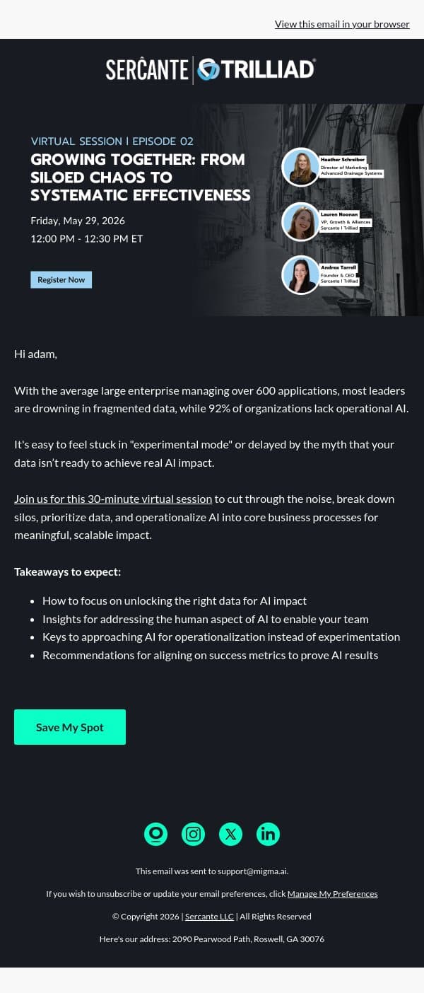 Virtual session: Untrap your data and AI silos ⛓️💥 email from Sercante LLC screenshot