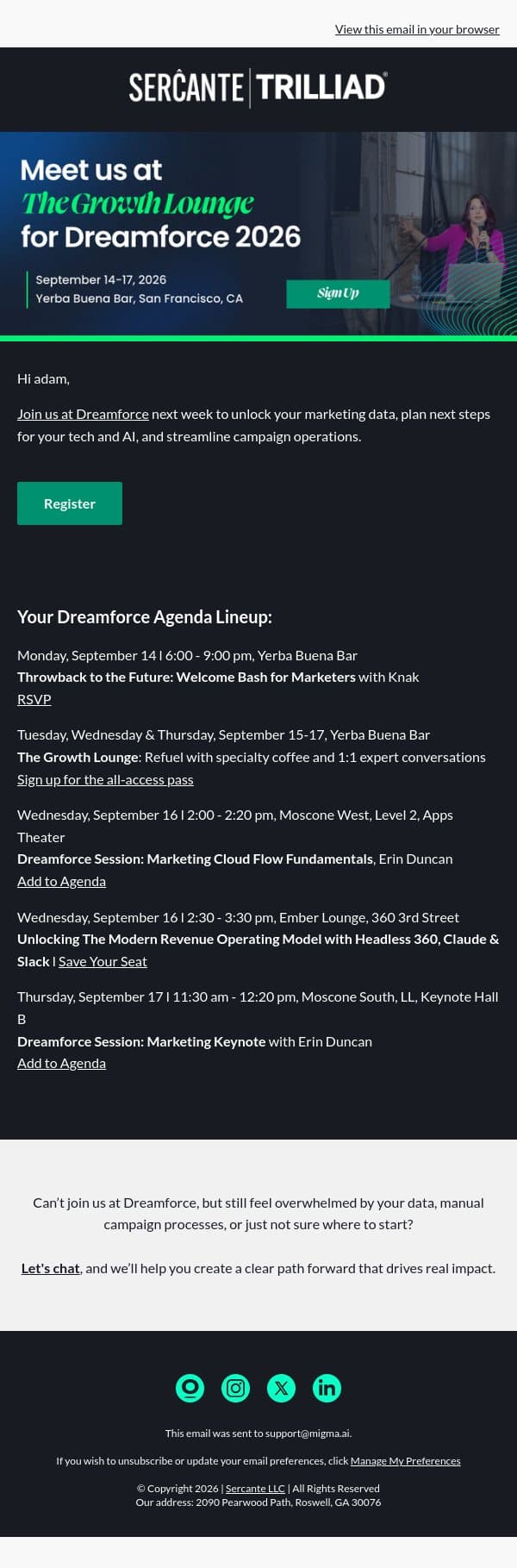 🗓️ Your VIP guide to #DF26: Welcome Bash, sessions & free coffee email from Sercante LLC screenshot