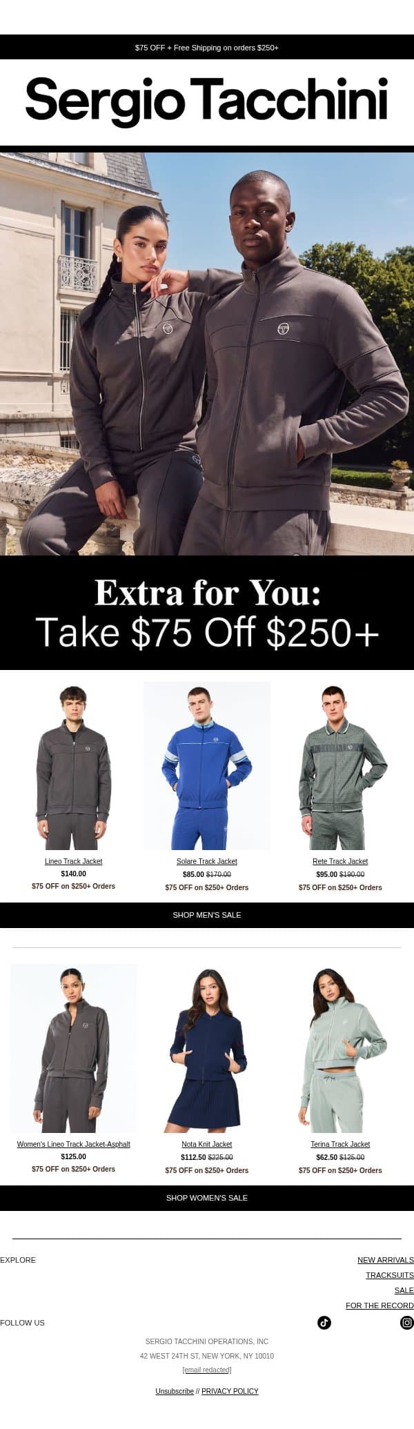 Don't Miss Out: Get $75 Off $250+ email from Sergio Tacchini screenshot