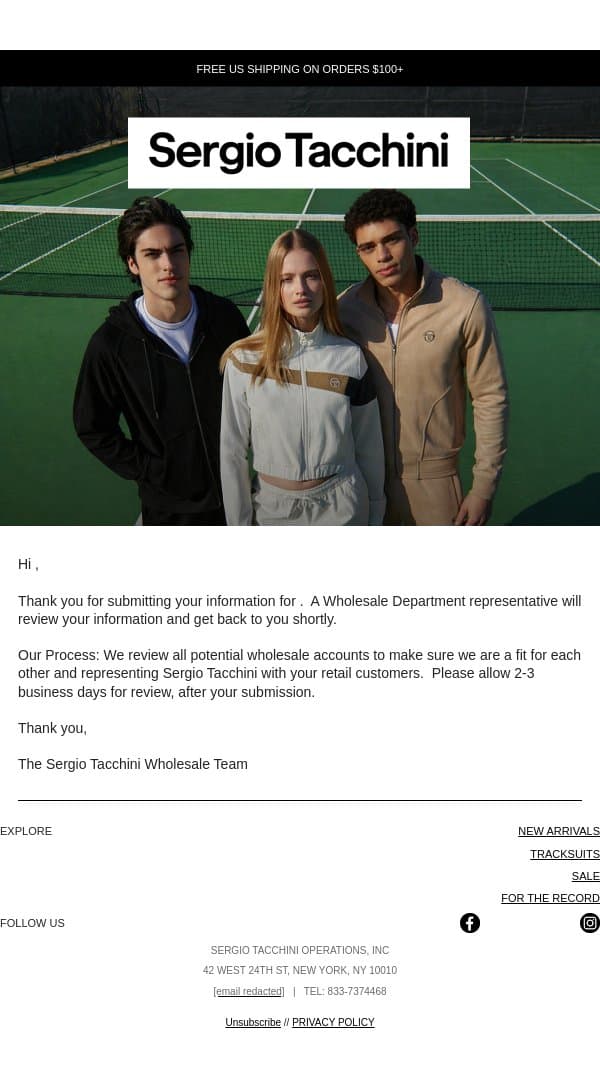 We're Processing Your Wholesale Request email from Sergio Tacchini screenshot