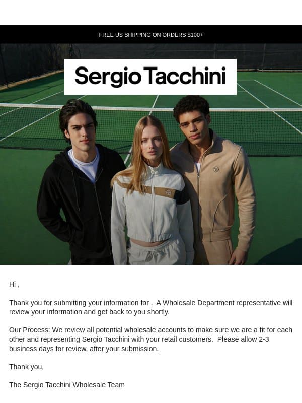 We're Processing Your Wholesale Request email from Sergio Tacchini
