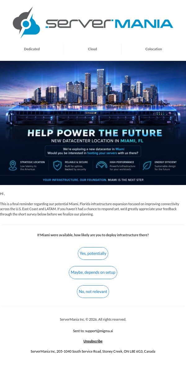 Miami Expansion - Need Your Input email from ServerMania screenshot