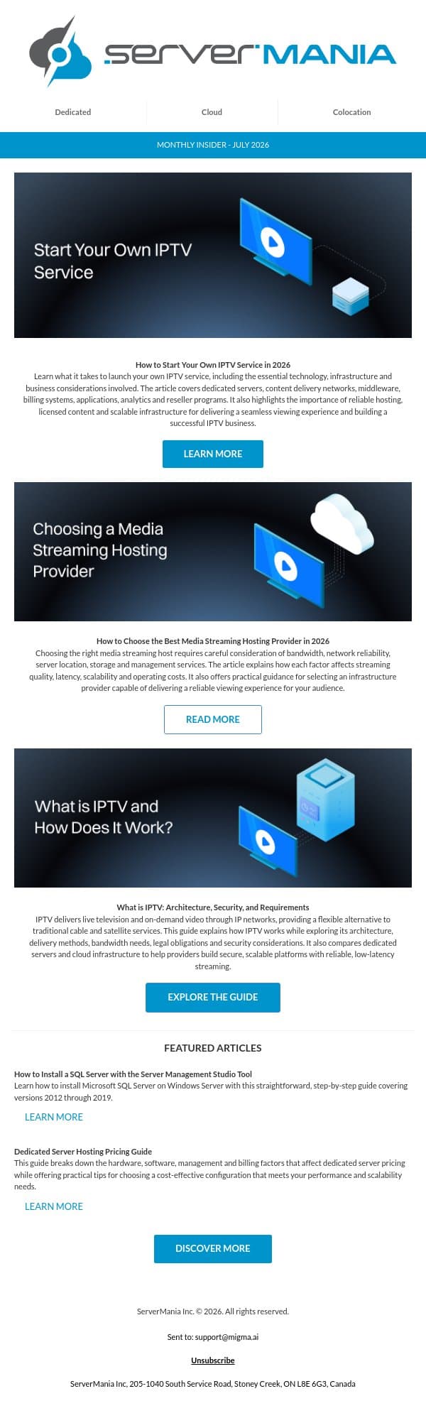July 2026 Newsletter email from ServerMania screenshot