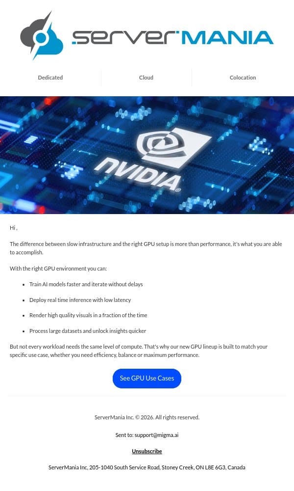 What could the right GPU Infrastructure do for you email from ServerMania screenshot