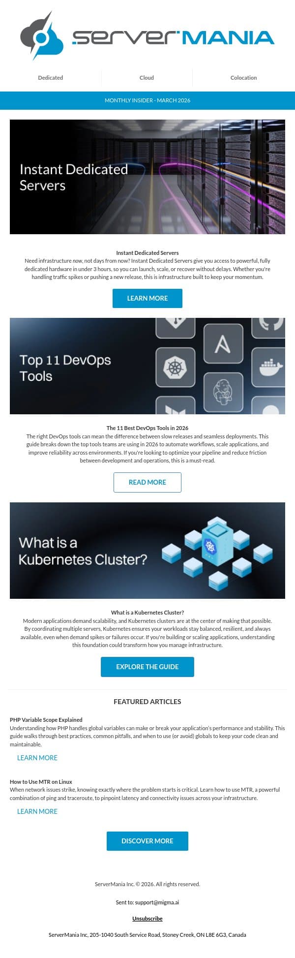 March 2026 Newsletter email from ServerMania screenshot