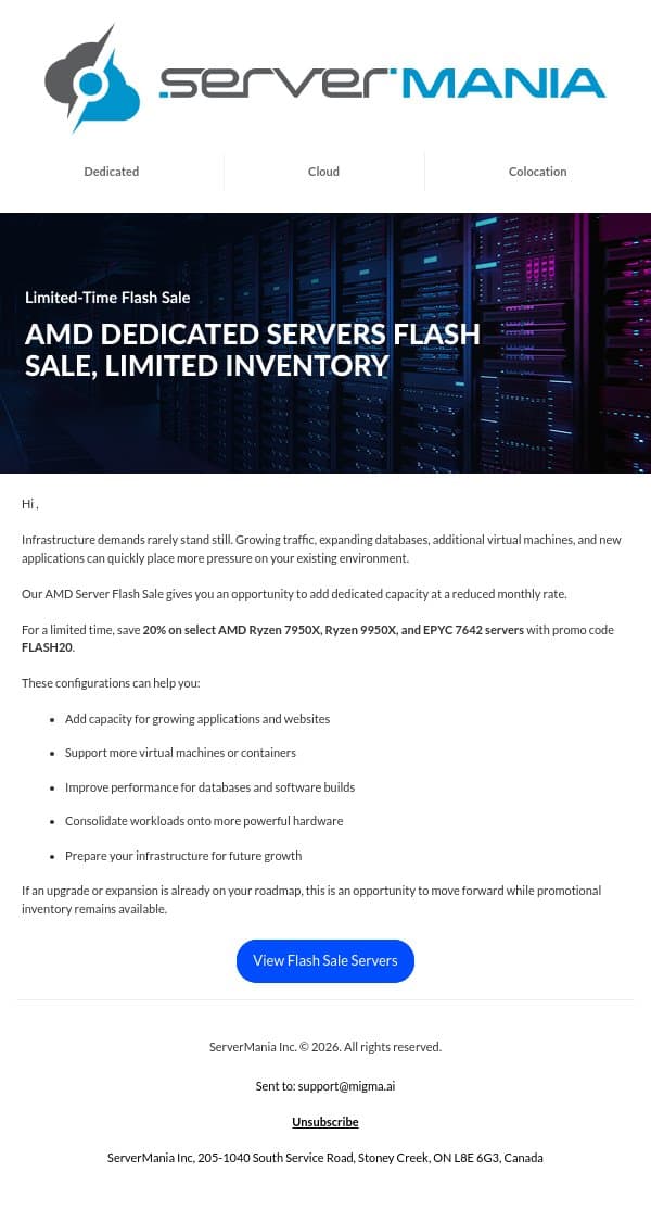 It's Time to Upgrade Your Server Infrastructure email from ServerMania screenshot