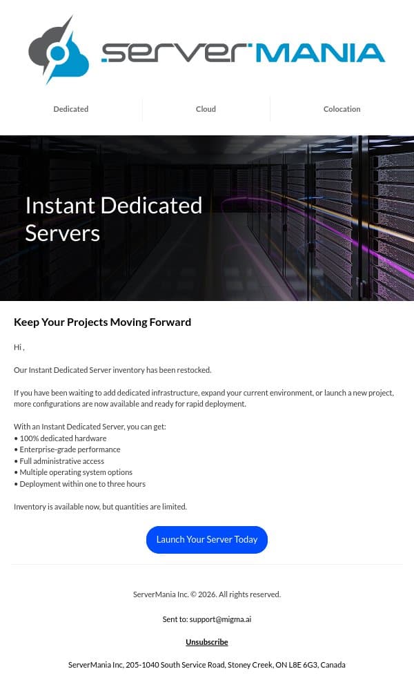 Restocked: Instant Dedicated Servers Are Available email from ServerMania screenshot