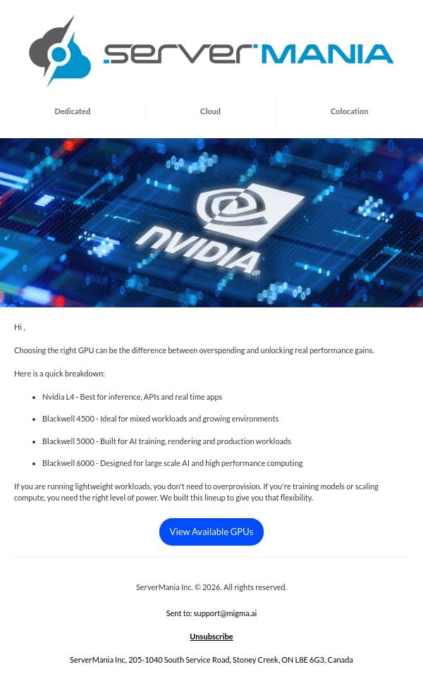 Which GPU is right for your workload email from ServerMania screenshot