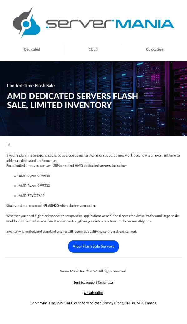 Flash Sale: Save 20% on Select AMD Dedicated Servers email from ServerMania screenshot