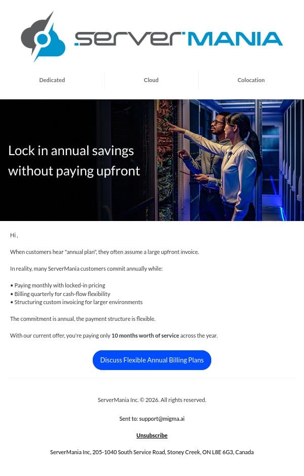 Annual commitment doesn't have to mean a large upfront payment email from ServerMania screenshot