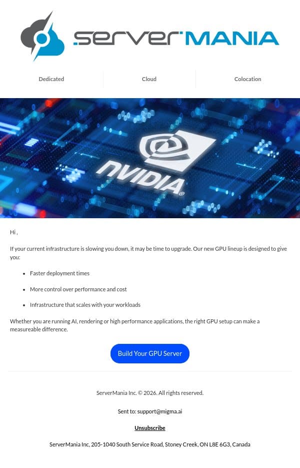 Ready to upgrade your GPU infrastructure email from ServerMania screenshot
