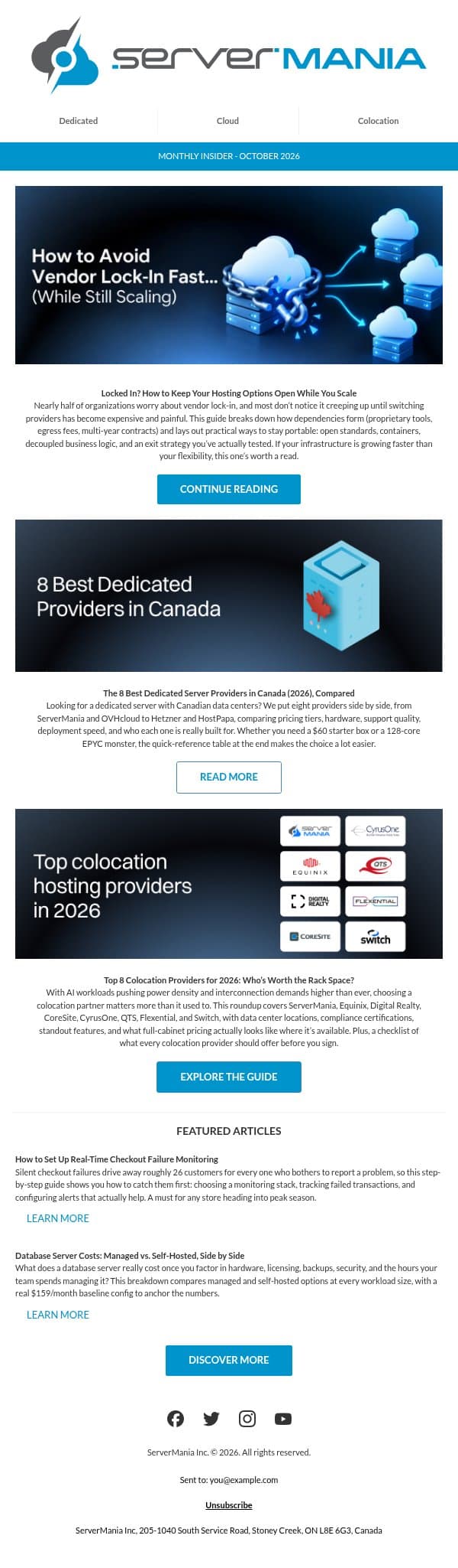 October 2026 Newsletter email from ServerMania screenshot