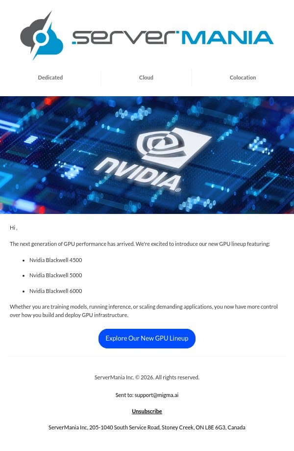 Now Live: Next-Gen GPU Servers with Blackwell email from ServerMania screenshot