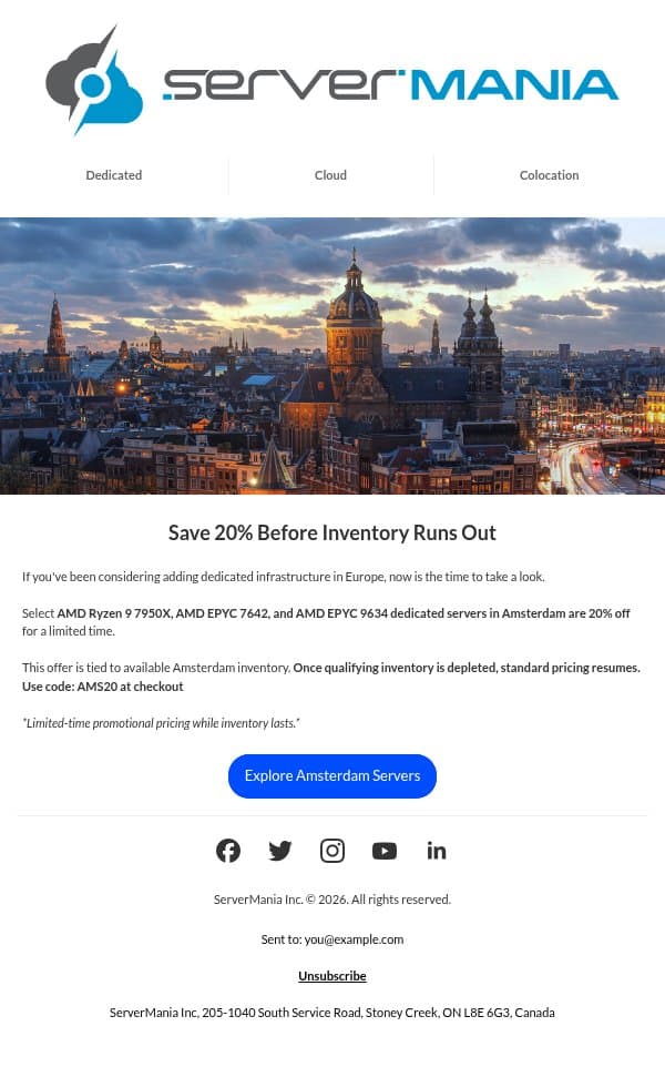 Last Chance 20% Off Amsterdam AMD Servers email from ServerMania screenshot