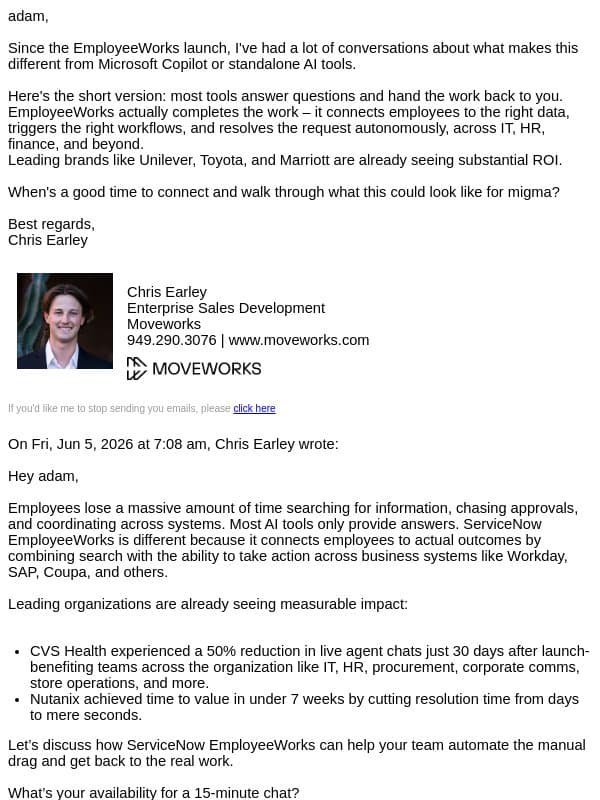 Re: ServiceNow EmployeeWorks email from ServiceNow