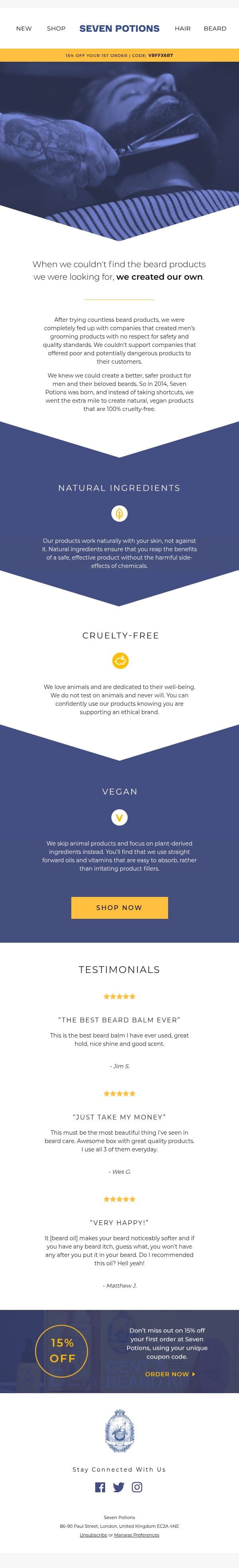 Better, safer, high-performance products. email from Seven Potions screenshot
