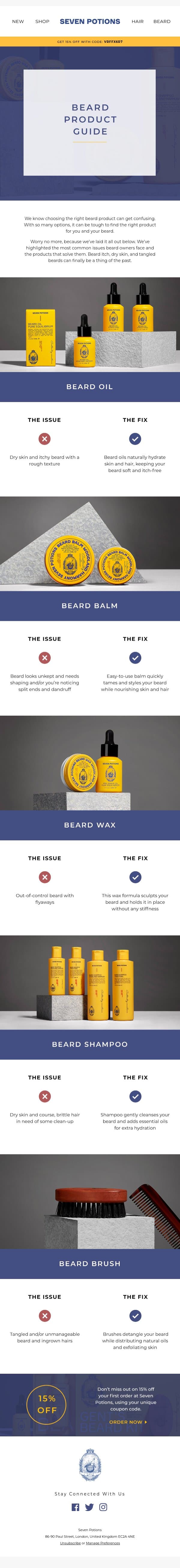 Your premium beard product guide is here. email from Seven Potions screenshot