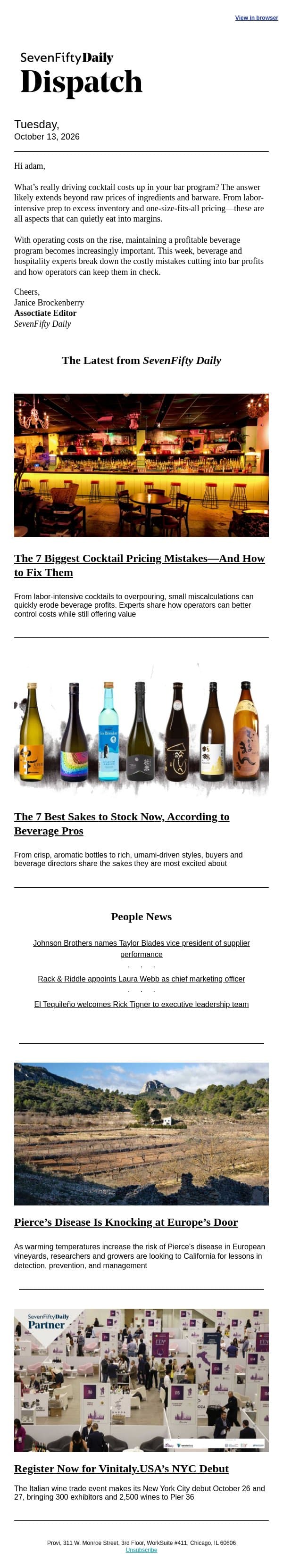 The 7 Biggest Cocktail Pricing Mistakes—And How to Fix Them email from SevenFifty screenshot