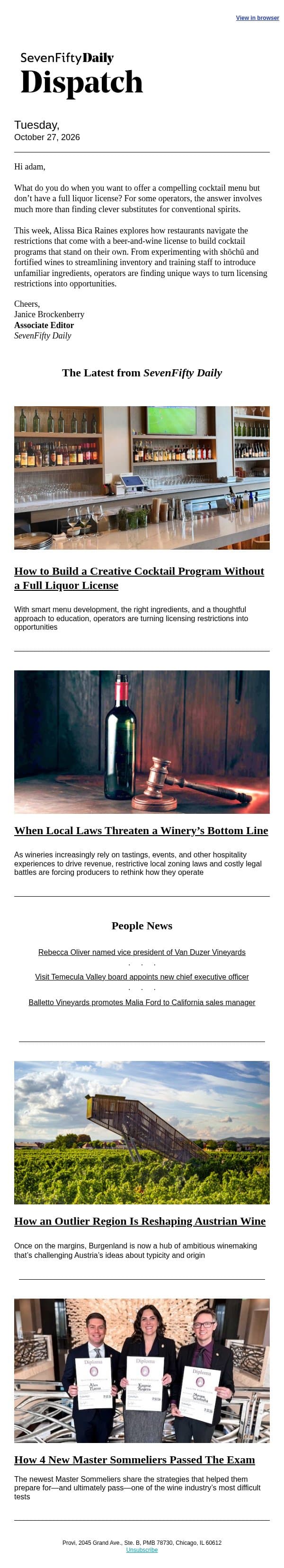 How to Build a Creative Cocktail Program Without a Full Liquor License email from SevenFifty screenshot