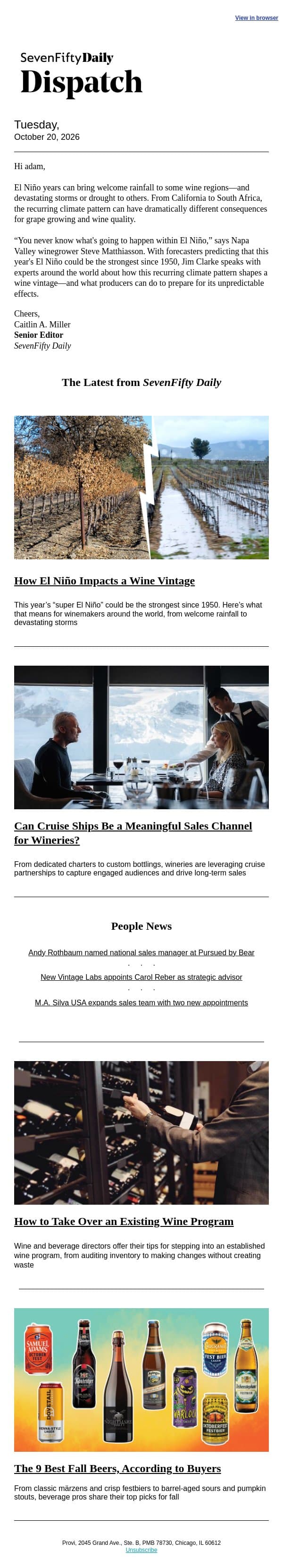 How El Niño Impacts a Wine Vintage email from SevenFifty screenshot