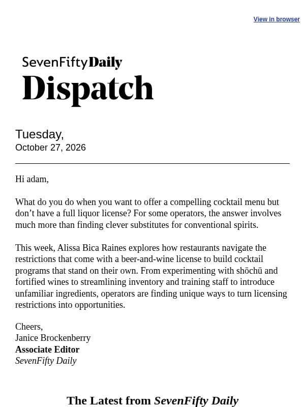 How to Build a Creative Cocktail Program Without a Full Liquor License email from SevenFifty